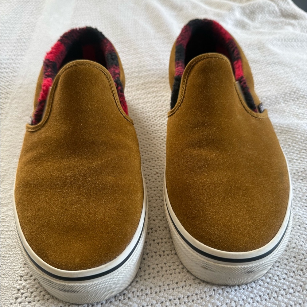 Vans Brown Plush Slip-On Sneakers with Red & Black Plaid Lining